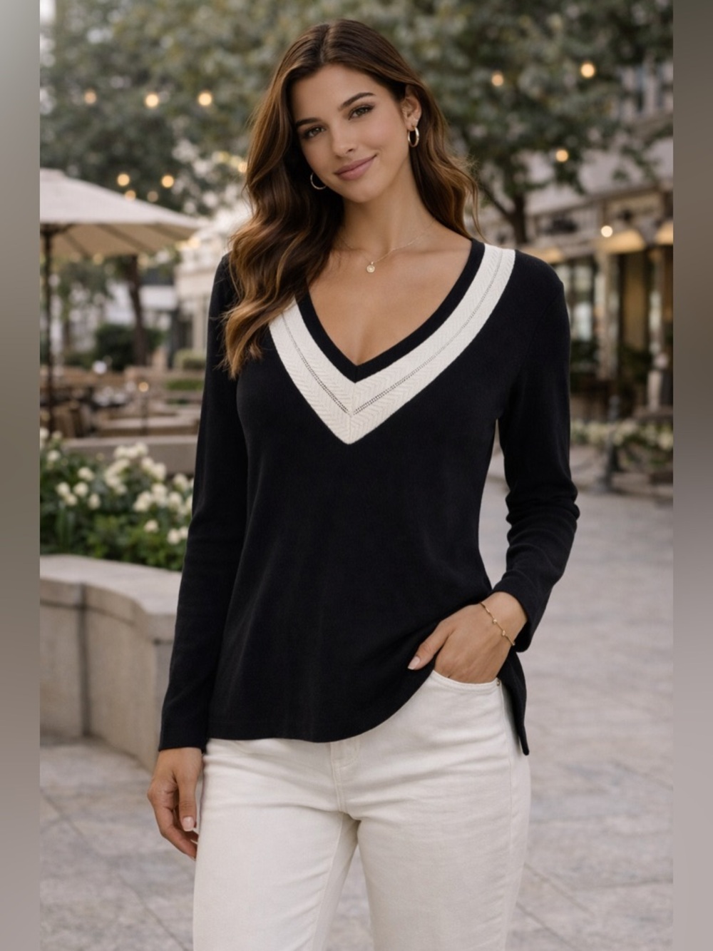 Talbots Sweater Black Varsity Stripe V Neck Pullover Long Sleeve